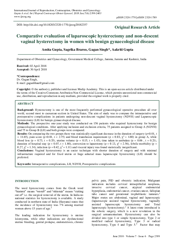 (PDF) Comparative evaluation of laparoscopic hysterectomy and non ...