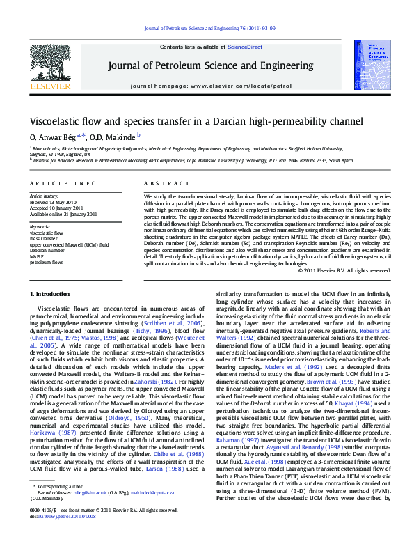 (PDF) Viscoelastic flow and species transfer in a Darcian high ...