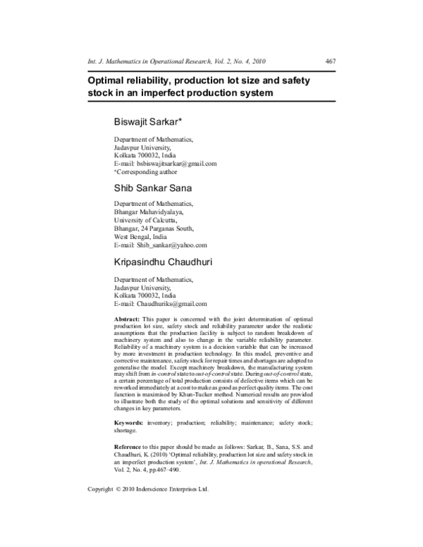 (PDF) Optimal reliability, production lot size and safety stock in an ...
