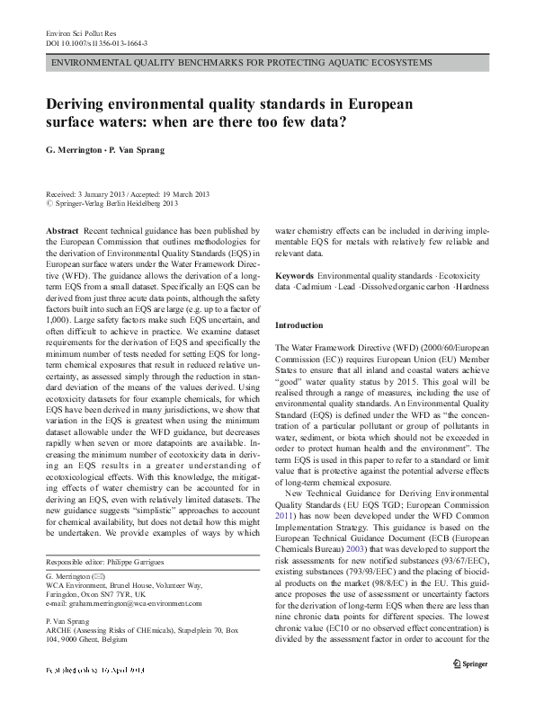 (PDF) Deriving environmental quality standards in European surface ...