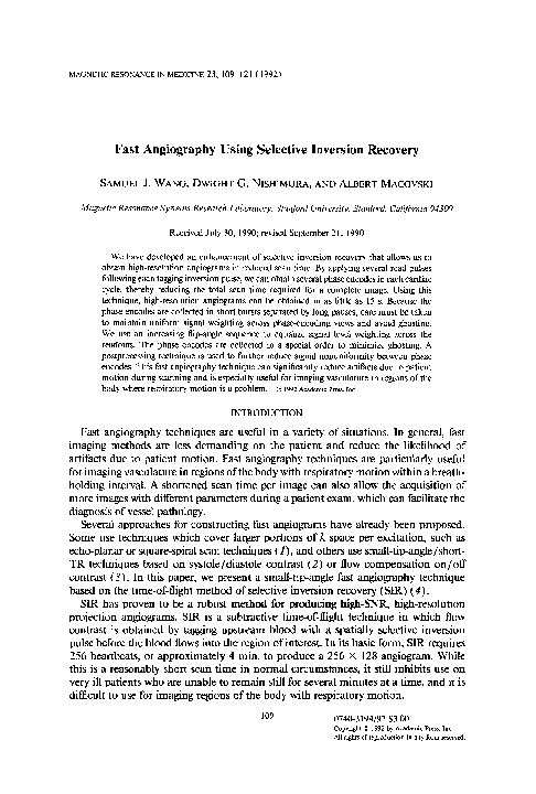 (PDF) Fast angiography using selective inversion recovery