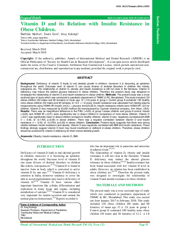 (PDF) Vitamin D and its Relation with Insulin Resistance in Obese Children