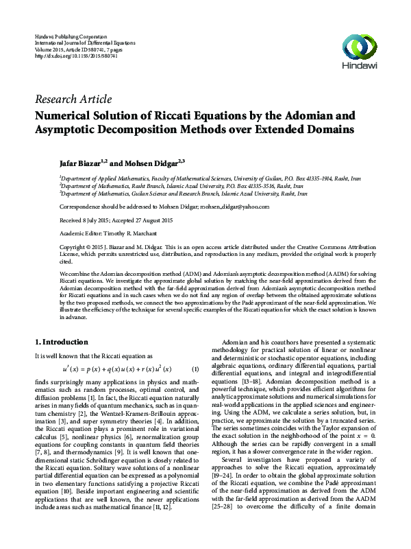 (PDF) Numerical Solution of Riccati Equations by the Adomian and ...