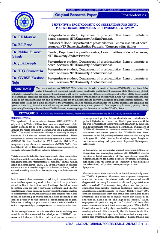 (PDF) Preventive & Prosthodontic Considerations for Dental ...