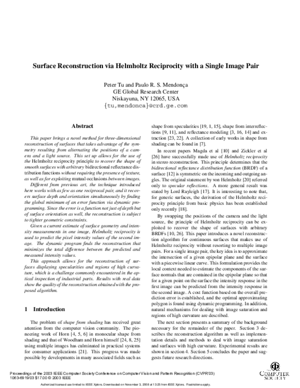 (PDF) Surface reconstruction via Helmholtz reciprocity with a single ...