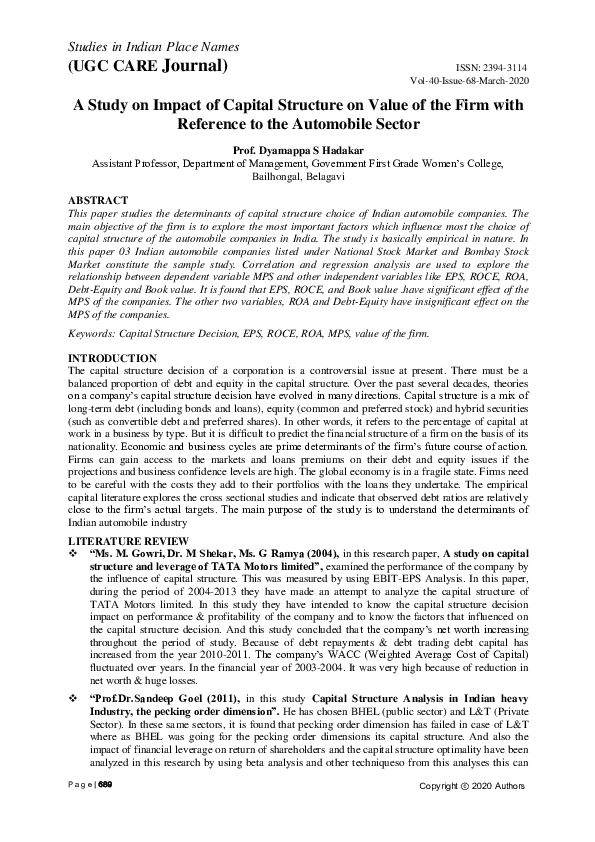 (PDF) A Study on Impact of Capital Structure on Value of the Firm with ...