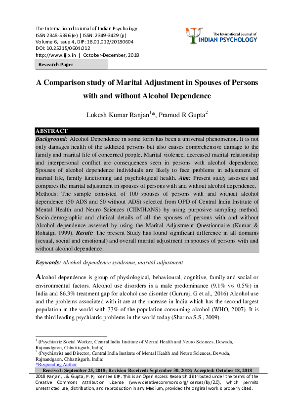 (PDF) A Comparison study of Marital Adjustment in Spouses of Persons ...