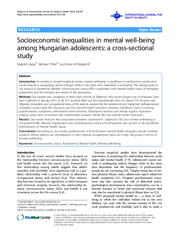 (PDF) Socioeconomic inequalities in mental well-being among Hungarian ...