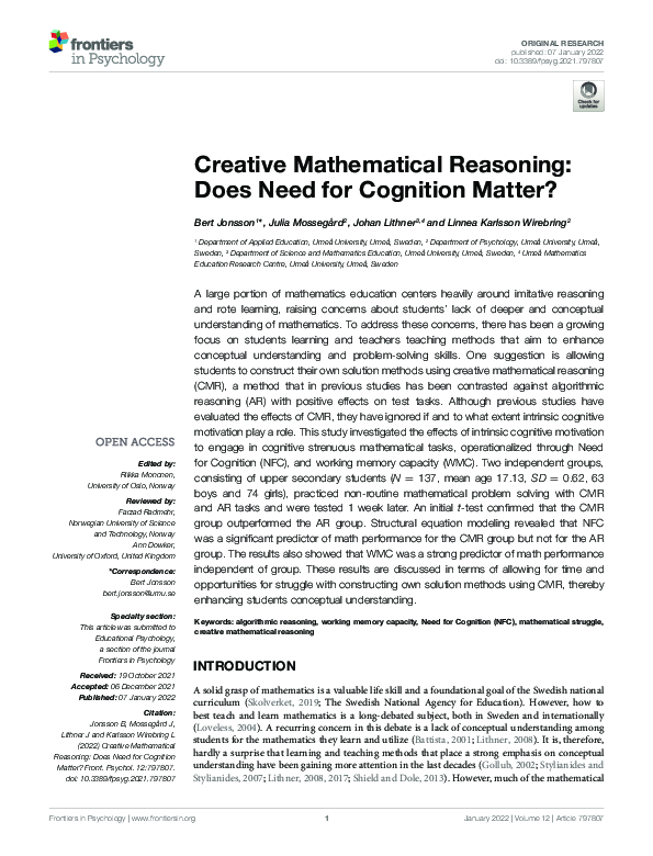 (PDF) Creative Mathematical Reasoning: Does Need for Cognition Matter?