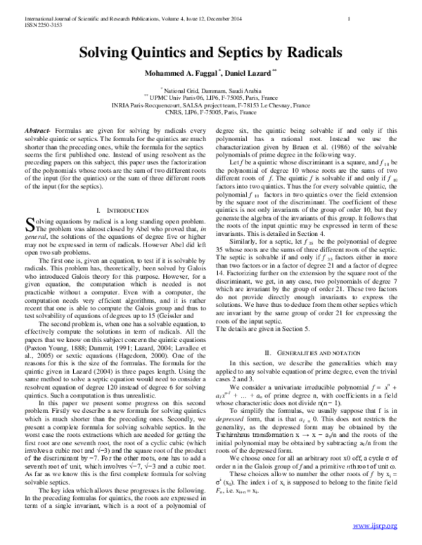 (PDF) Solving Quintics and Septics by Radicals