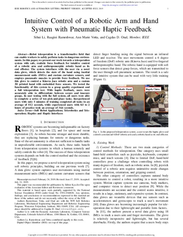 (PDF) Intuitive Control of a Robotic Arm and Hand System With Pneumatic