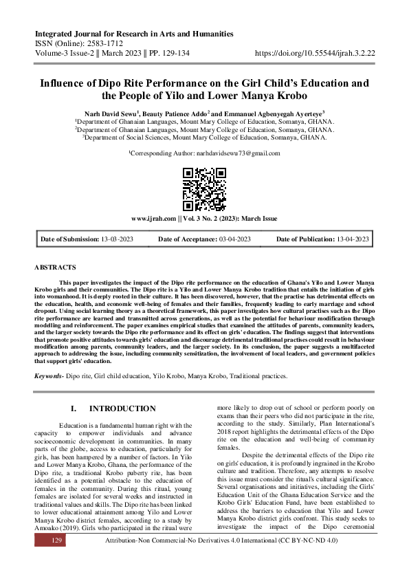 Influence of Dipo Rite Performance on the Girl Child’s Education and the People of Yilo and Lower Manya Krobo