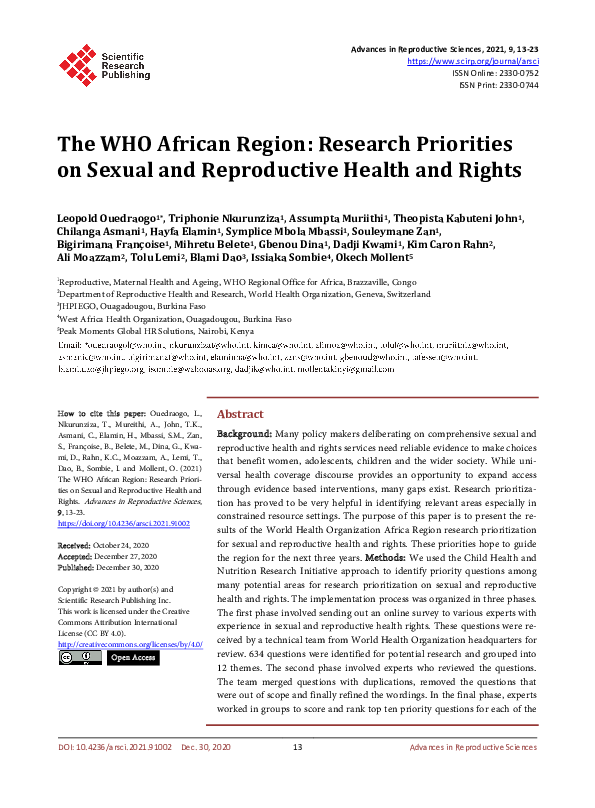 (PDF) The WHO African Region: Research Priorities on Sexual and ...