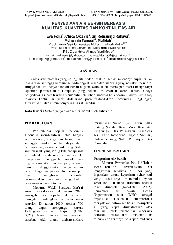 (PDF) Penyediaan Air Bersih Berbasis Kualitas, Kuantitas Dan ...
