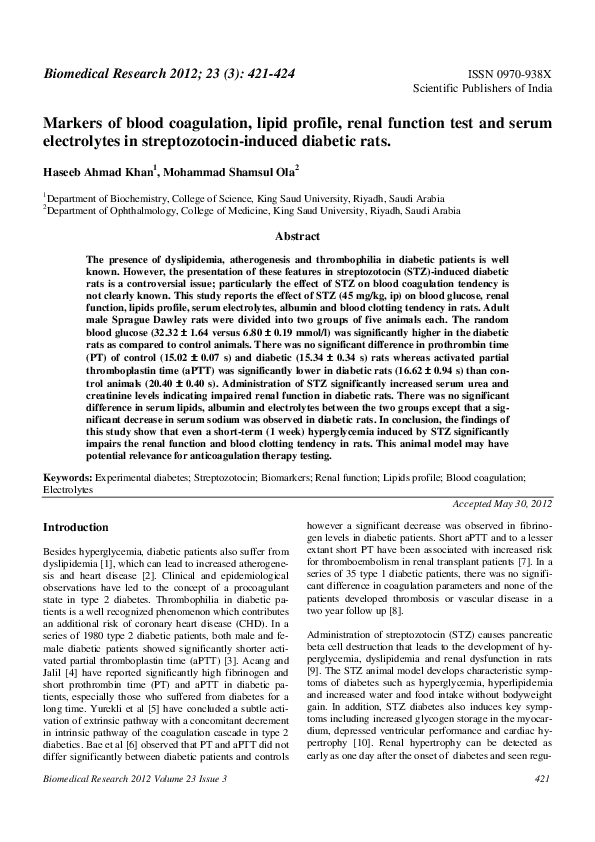 (PDF) Markers of blood coagulation, lipid profile, renal function test ...