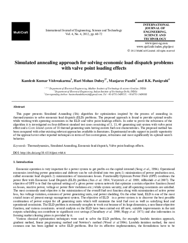 (PDF) Simulated annealing approach for solving economic load dispatch ...