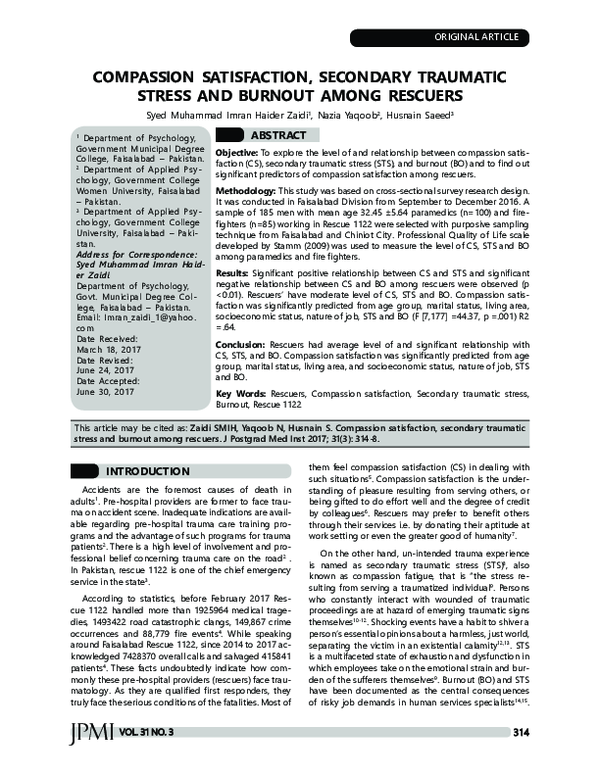 (PDF) Compassion Satisfaction, Secondary Traumatic Stress and Burnout ...