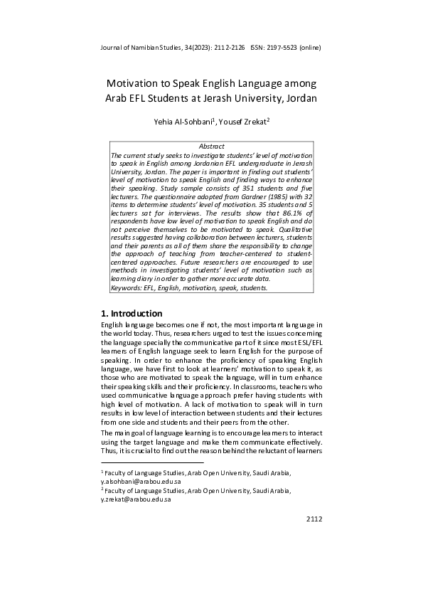 (PDF) Motivation to Speak English Language among Arab EFL Students at ...