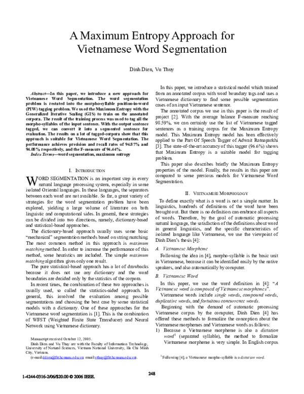 (PDF) A maximum entropy approach for vietnamese word segmentation