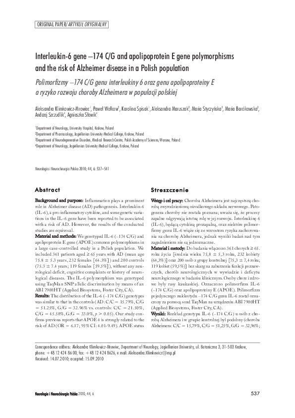 (PDF) Interleukin-6 gene –174 C/G and apolipoprotein E gene ...