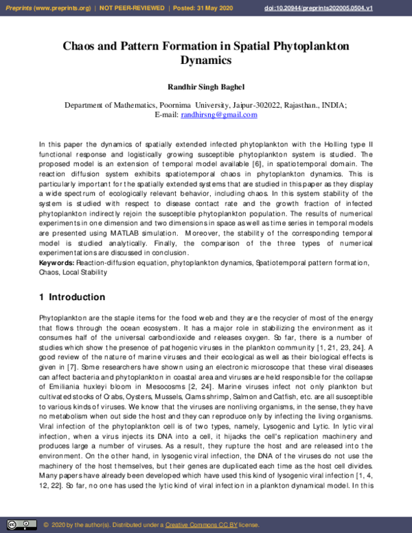 (PDF) Chaos and Pattern Formation in Spatial Phytoplankton Dynamics