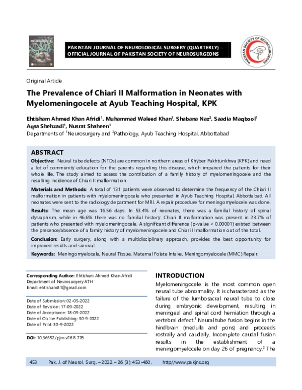 (PDF) The Prevalence of Chiari II Malformation in Neonates with ...