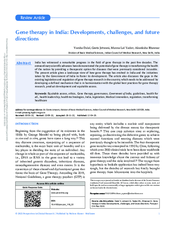 (PDF) Gene therapy in India: Developments, challenges, and future ...