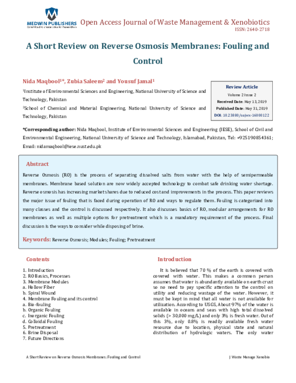 (PDF) A Short Review on Reverse Osmosis Membranes: Fouling and Control