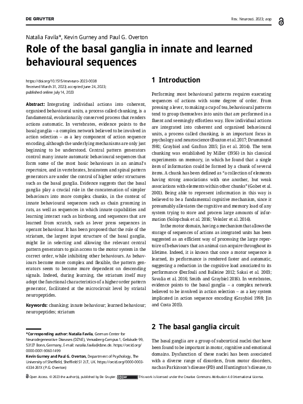 (PDF) Role of the basal ganglia in innate and learned behavioural sequences