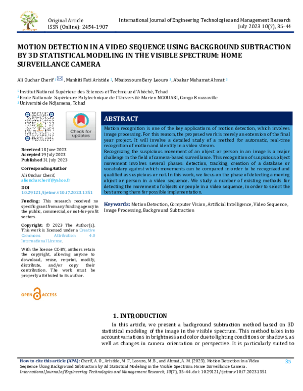 (PDF) MOTION DETECTION IN A VIDEO SEQUENCE USING BACKGROUND SUBTRACTION ...