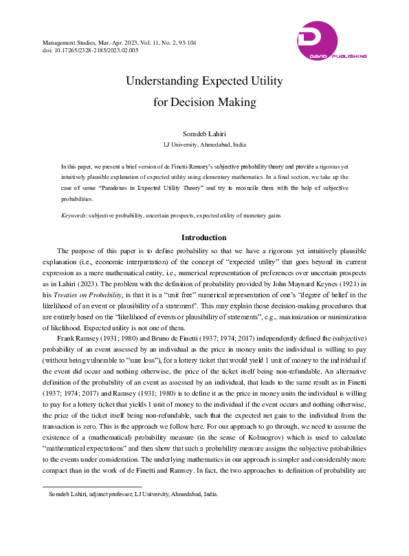 (PDF) Understanding Expected Utility for Decision Making