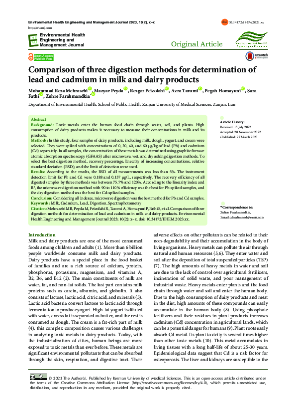 (PDF) Comparison of three digestion methods for determination of lead ...