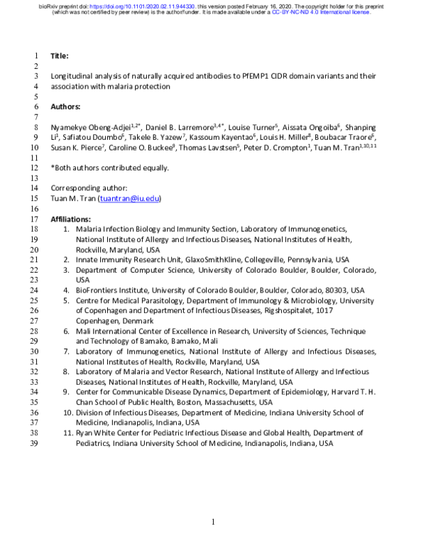 (PDF) Longitudinal analysis of naturally acquired antibodies to PfEMP1 ...
