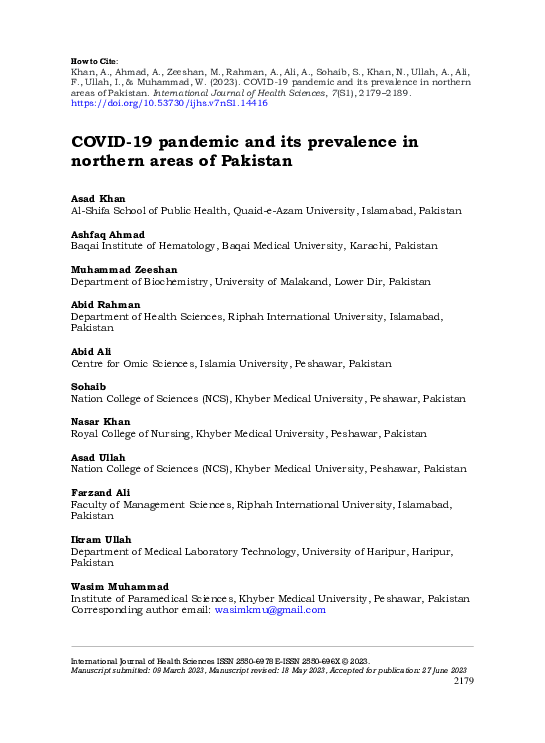 (PDF) COVID-19 pandemic and its prevalence in northern areas of Pakistan