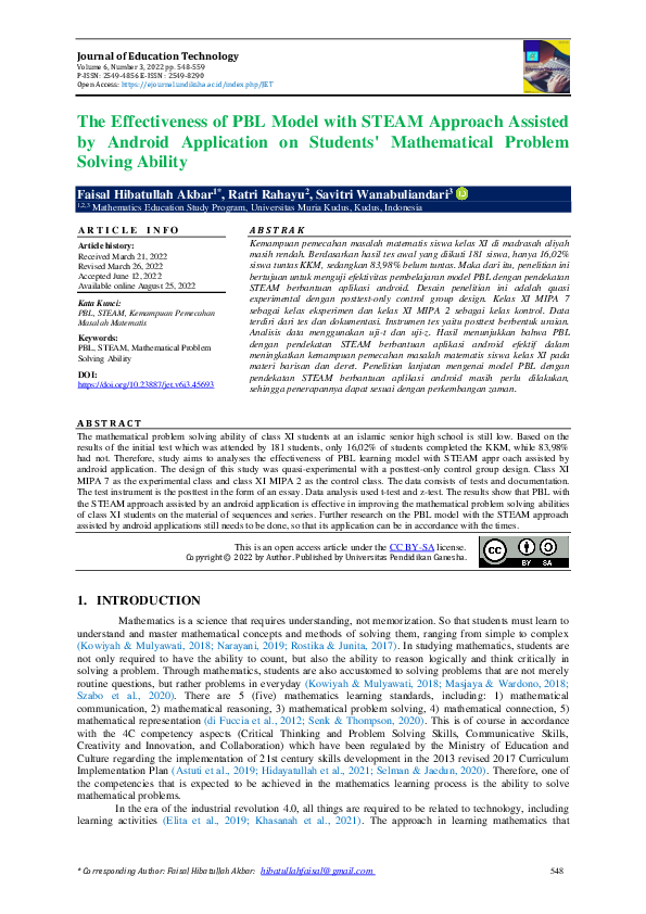 (PDF) The Effectiveness of PBL Model with STEAM Approach Assisted by ...