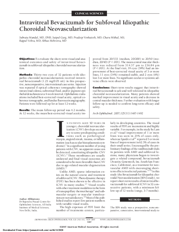(PDF) Intravitreal Bevacizumab for Subfoveal Idiopathic Choroidal ...