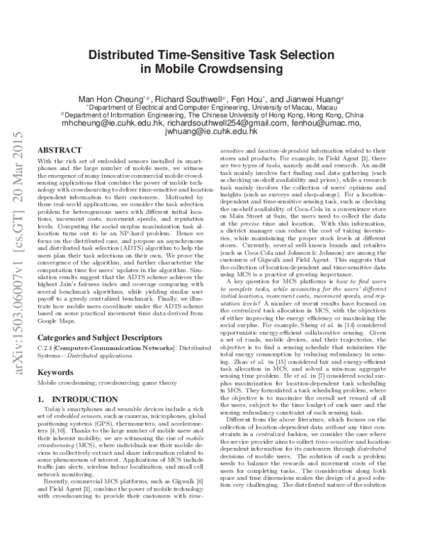(PDF) Distributed Time-Sensitive Task Selection in Mobile Crowdsensing