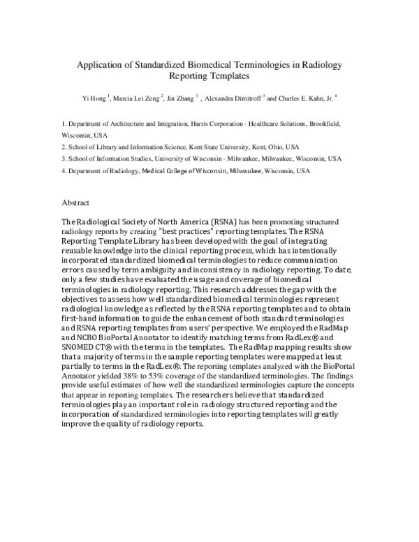 Application of standardized biomedical terminologies in radiology