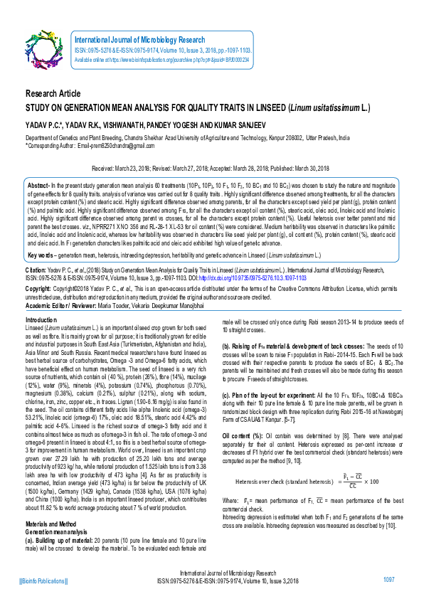 (PDF) STUDY ON GENERATION MEAN ANALYSIS FOR QUALITY TRAITS IN LINSEED ...