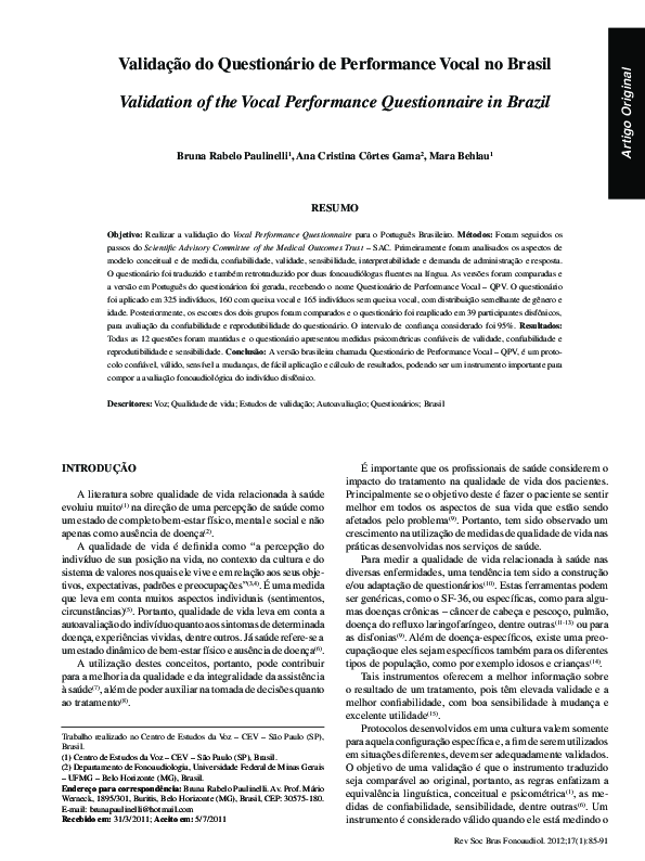 (PDF) Validação do Questionário de Performance Vocal no Brasil