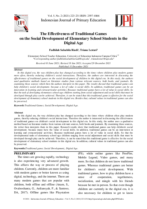 (PDF) The Effectiveness of Traditional Games on the Social Development ...