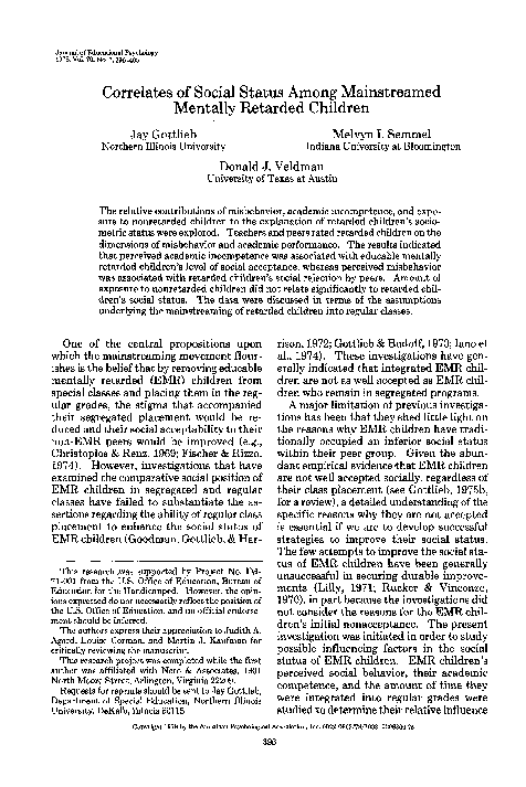(PDF) Correlates of social status among mainstreamed mentally retarded ...