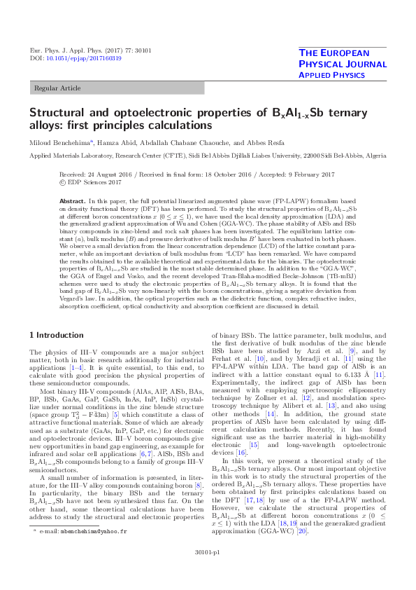 (PDF) Structural and optoelectronic properties of BxAl1-xSb ternary ...