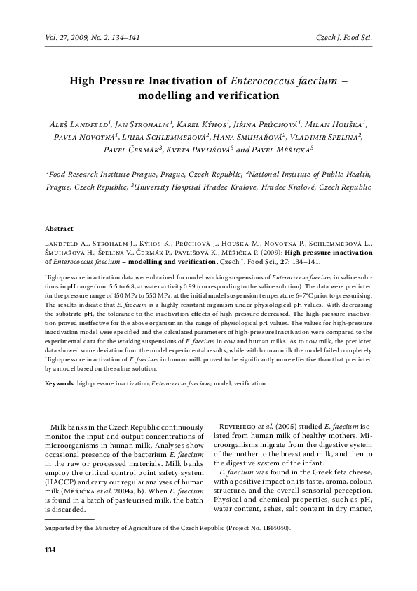 (PDF) High pressure inactivation of Enterococcus faecium - modelling ...