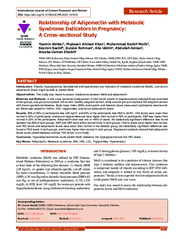(PDF) Relationship of Adiponectin with Metabolic Syndrome Indicators in ...