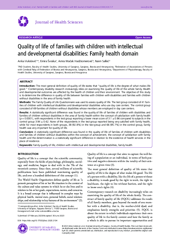 (PDF) Quality of life of families with children with intellectual and ...