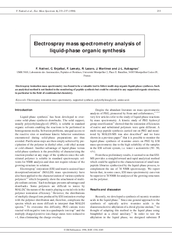 (PDF) Electrospray mass spectrometry analysis of liquid-phase organic ...