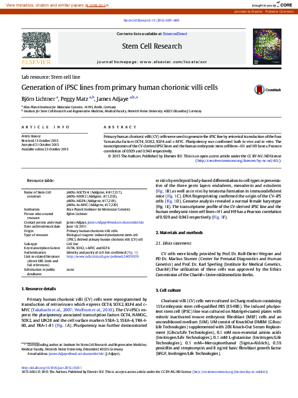 (PDF) Generation of iPSC lines from primary human chorionic villi cells