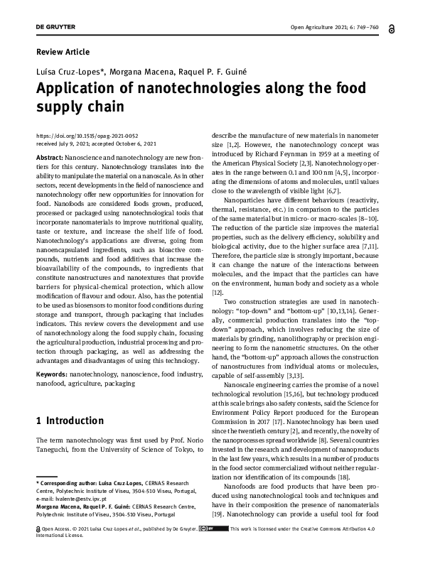 (PDF) Application of nanotechnologies along the food supply chain