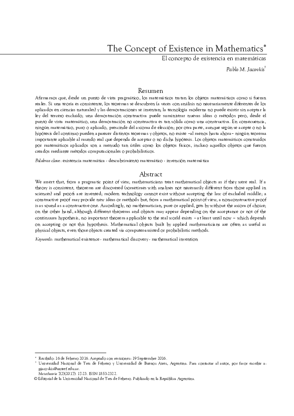 (PDF) The Concept of Existence in Mathematics